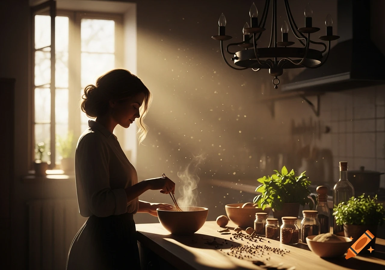 Woman stirring a bowl in a sun-drenched kitchen, with spices and plants on the counter in a photorealistic style.