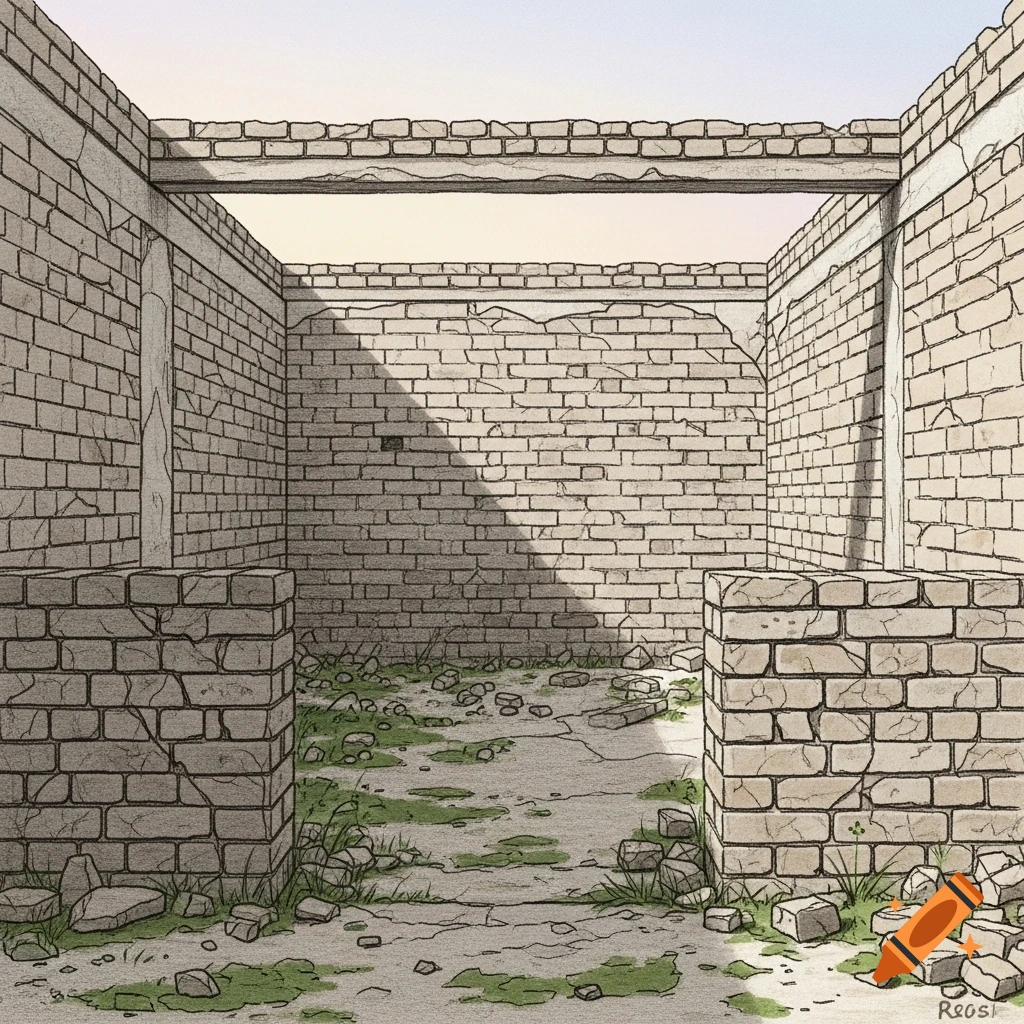 A detailed pencil drawing of damaged, roofless brick walls of a ruined building with debris and green moss on the ground.