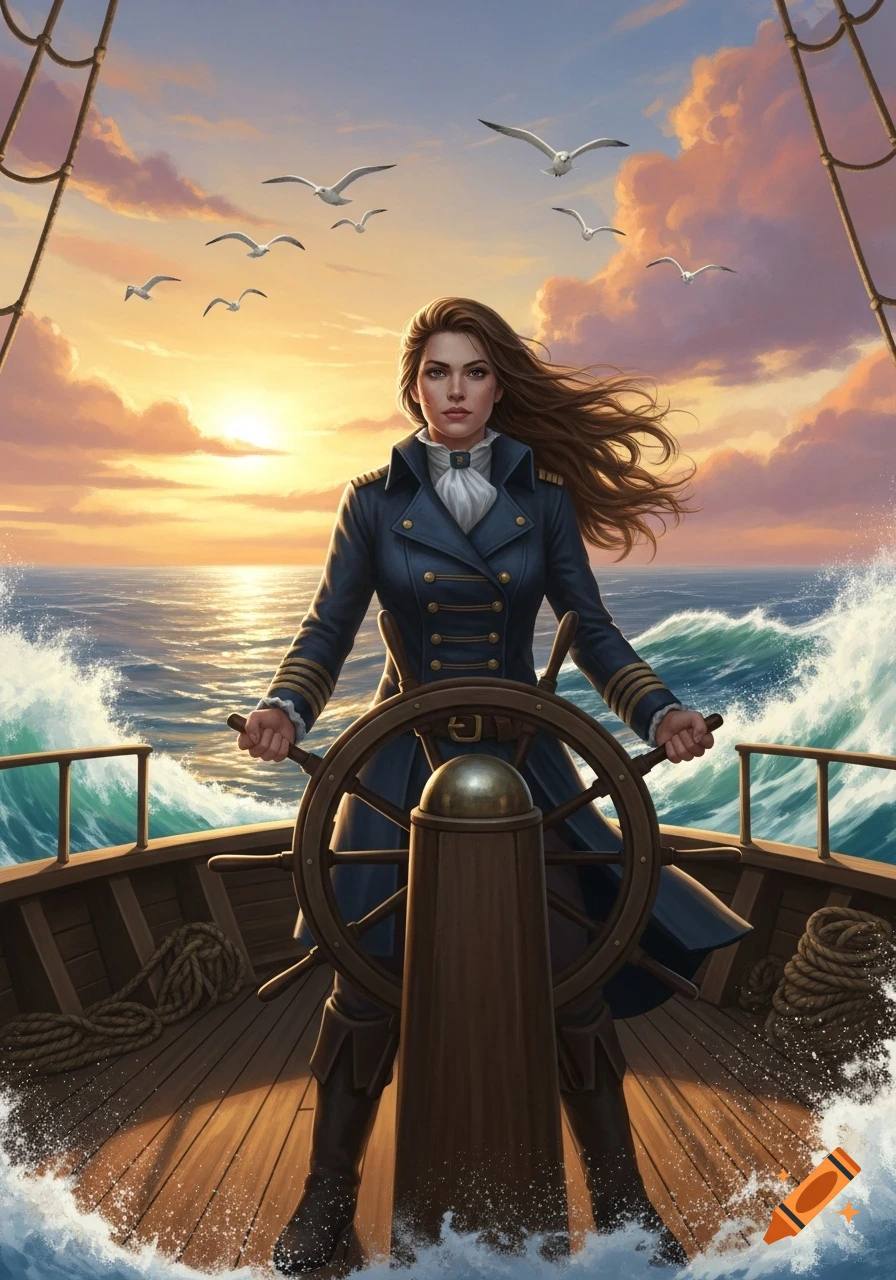 An illustrated female sea captain with brown hair steers a wooden ship at sunset, with seagulls flying over rough seas.