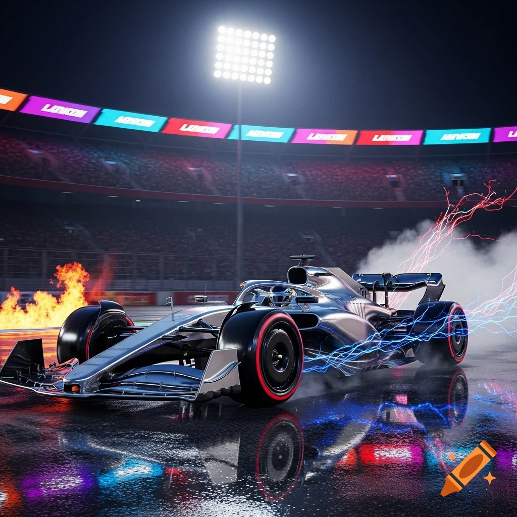 A futuristic Formula 1 car races on a wet track at night, with fire, blue and red lightning trails, and stadium lights reflecting on the ground.