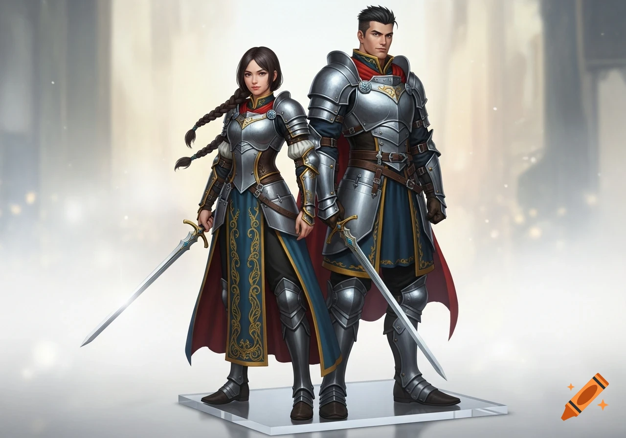 Two armored fantasy characters, a man and a woman, stand side-by-side on an acrylic base, holding swords. The woman has dark braided hair, and the man has dark, short parted hair. Both wear ornate silver armor with blue and red accents.
