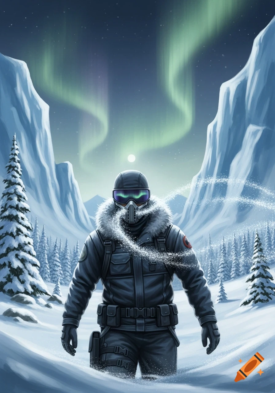 A masked agent in dark winter gear stands in a snowy mountain landscape under a green aurora borealis.