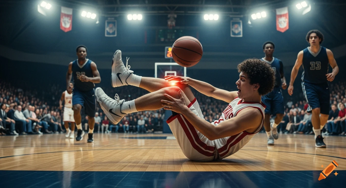 A photorealistic image of a basketball player falling on the court, clutching his glowing red knee in pain, during a game.
