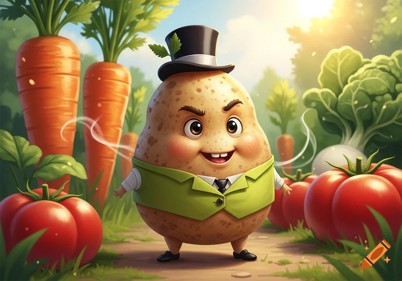 A smiling, whimsical cartoon potato wearing a top hat and green suit stands in a garden surrounded by large carrots and tomatoes.