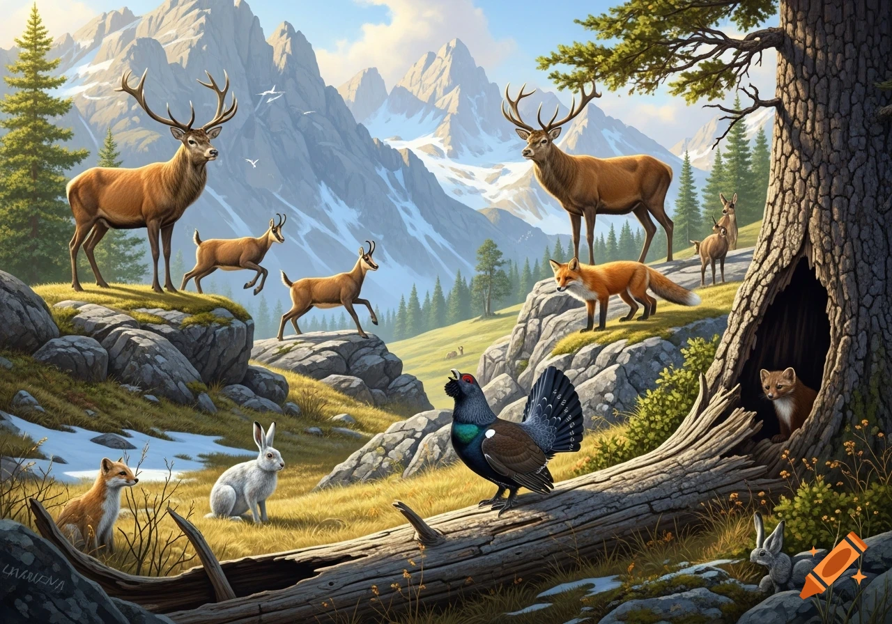 A detailed illustration of red deer, chamois, foxes, a snow hare, and a capercaillie in a vibrant mountain landscape with snowy peaks.