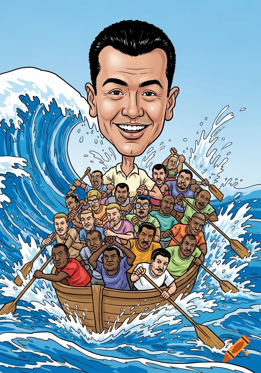 A cartoon caricature of a man with a large head leading a boat full of men rowing through rough ocean waves.