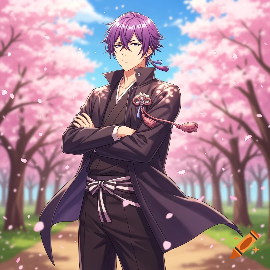 An anime man with purple hair and a black traditional-style outfit stands with crossed arms on a path lined with pink cherry blossom trees.