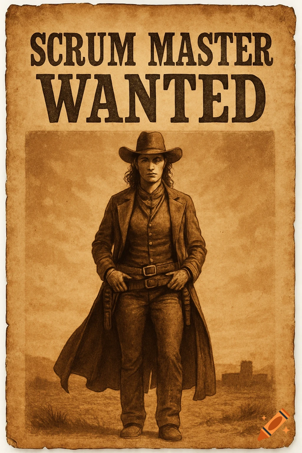 Vintage 'Scrum Master Wanted' poster featuring a female cowboy in a trench coat and hat in a dusty landscape.