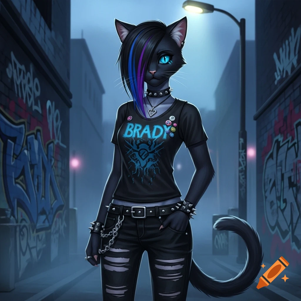 A digital art portrait of a black emo cat girl with blue-streaked hair, wearing a 'BRADY' shirt and ripped jeans in a graffiti-covered alley.