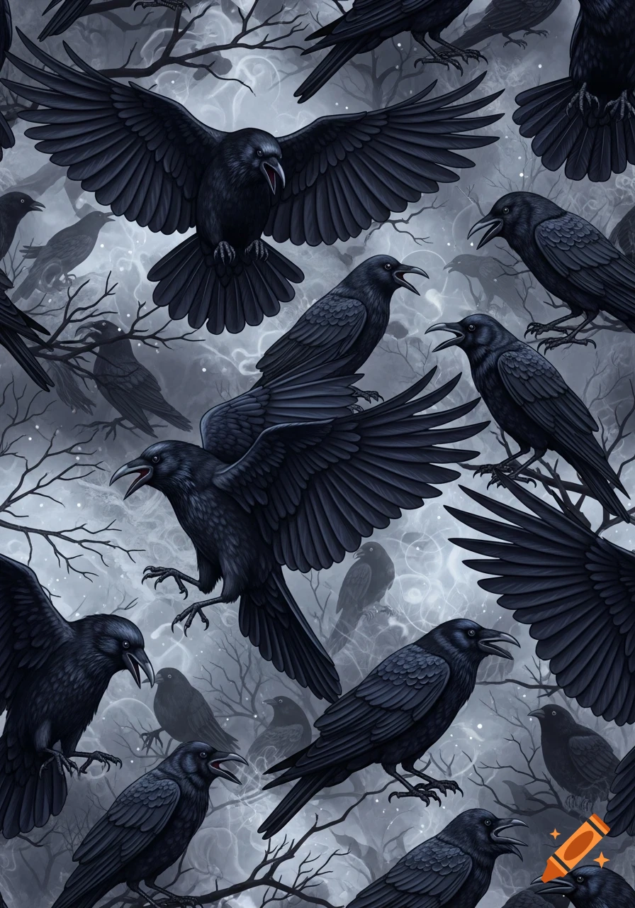 A seamless pattern featuring numerous black crows in various dynamic poses, with spread wings and open beaks, against a misty, dark background with bare tree branches.