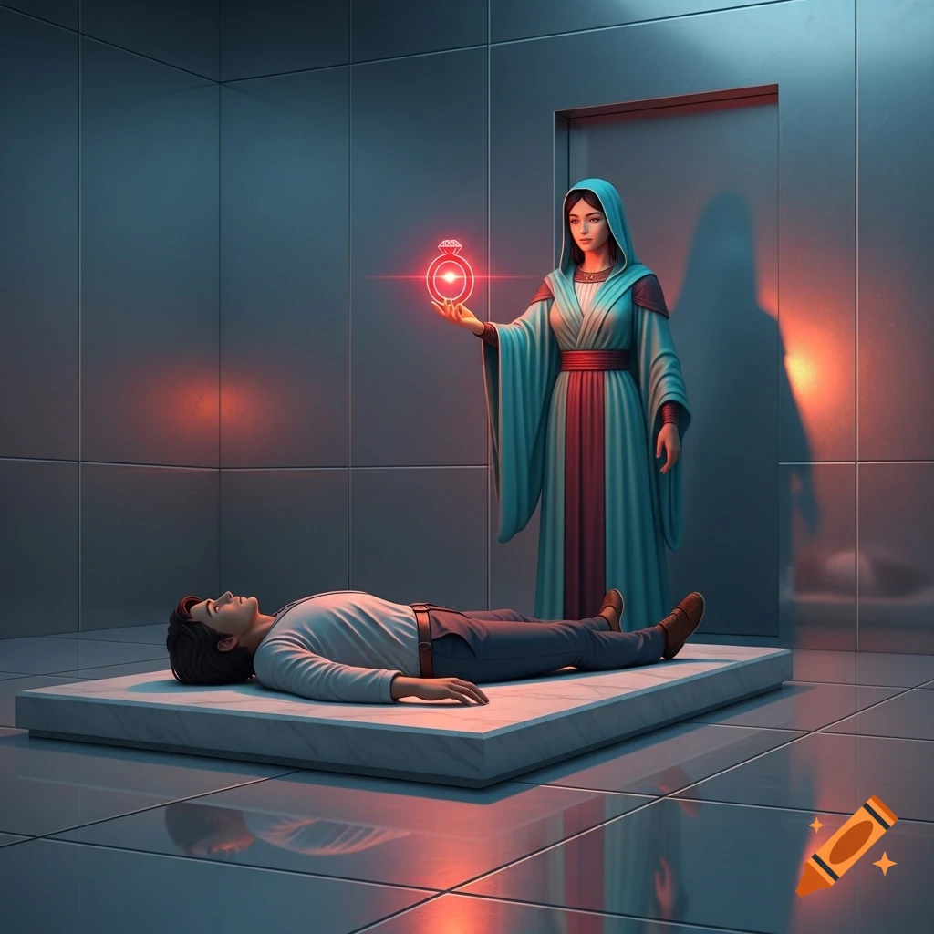 A woman in a turquoise robe holds a glowing red ring over a man lying on a marble slab in a metallic room.