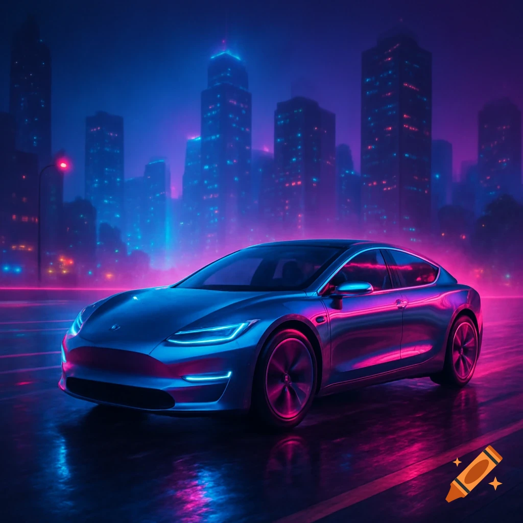 A sleek modern car with neon blue and pink reflections on a wet street, set against a backdrop of a glowing cyberpunk city at night.