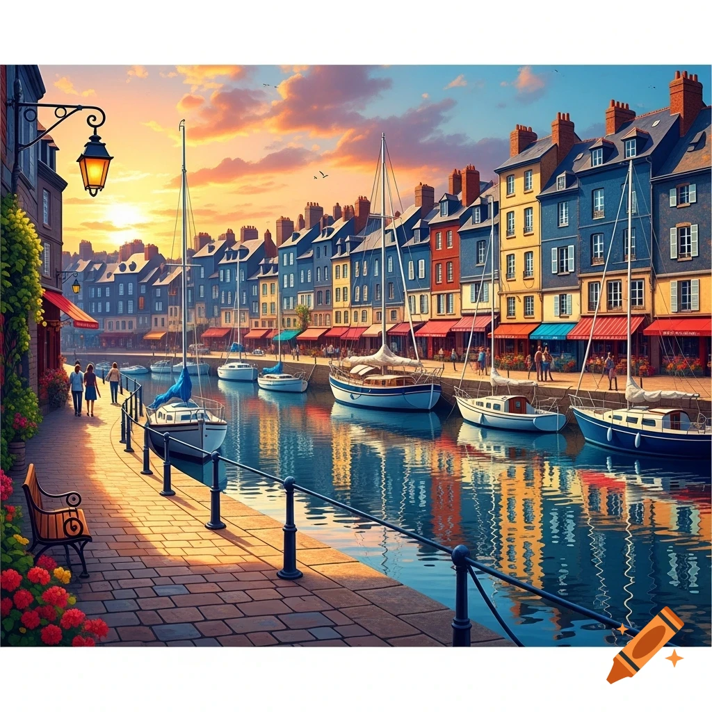 A colorful digital painting of a vibrant port town with boats, multi-story buildings, and people strolling along the promenade at sunset.
