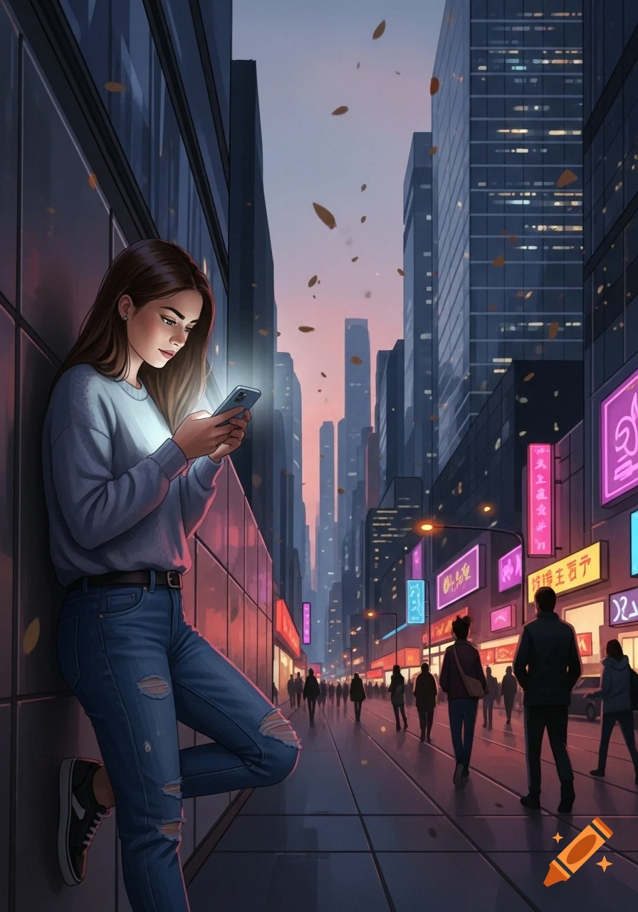 Stylized digital painting of a woman on her phone, leaning against a building on a city street at dusk with neon lights.