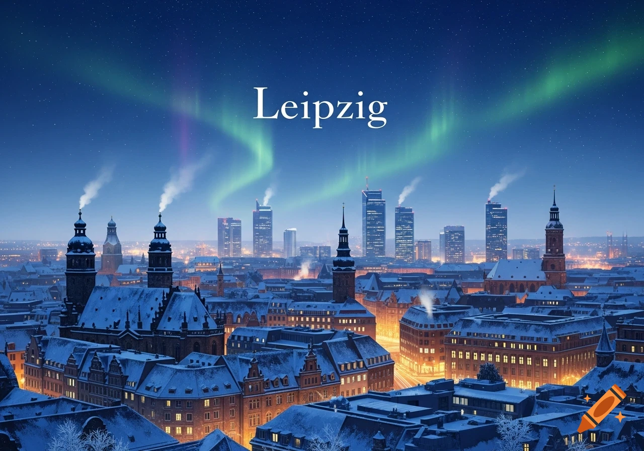 A beautiful night aerial view of Leipzig's winter skyline under the Northern Lights with snow-covered rooftops and text 'Leipzig'.