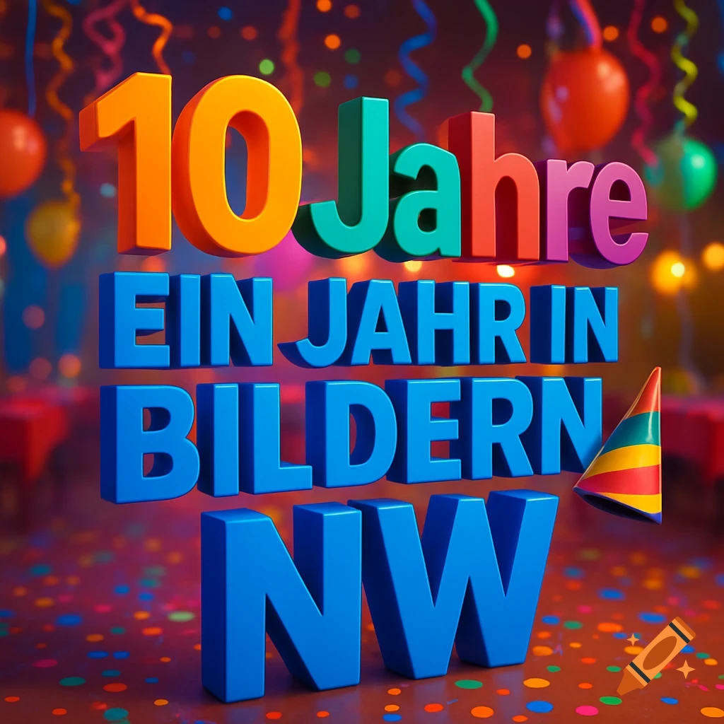 Colorful 3D text "10 Jahre", "Ein Jahr in Bildern", and "NW" with a party hat on a party background.