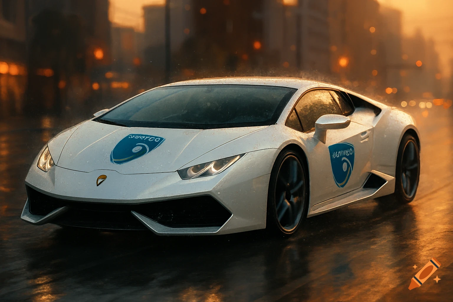 White Lamborghini sports car with blue logos on a wet city street at dusk, with glowing orange reflections.