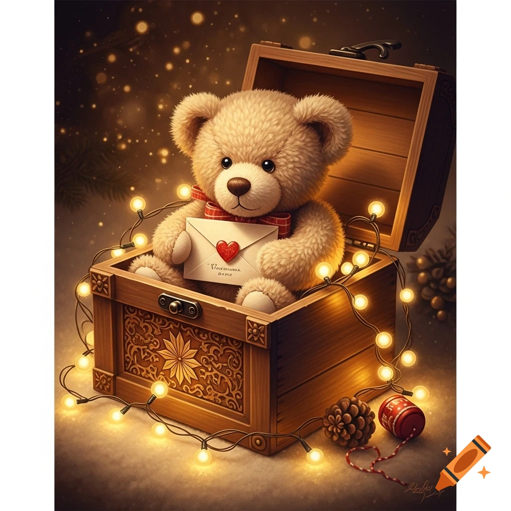 A fluffy teddy bear sits in an open wooden treasure chest, holding a letter, surrounded by glowing string lights in a warm, festive setting.