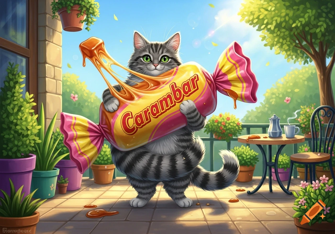 A fluffy grey tabby cat holding a giant melting Carambar candy wrapper on a sunny outdoor patio, digital illustration.