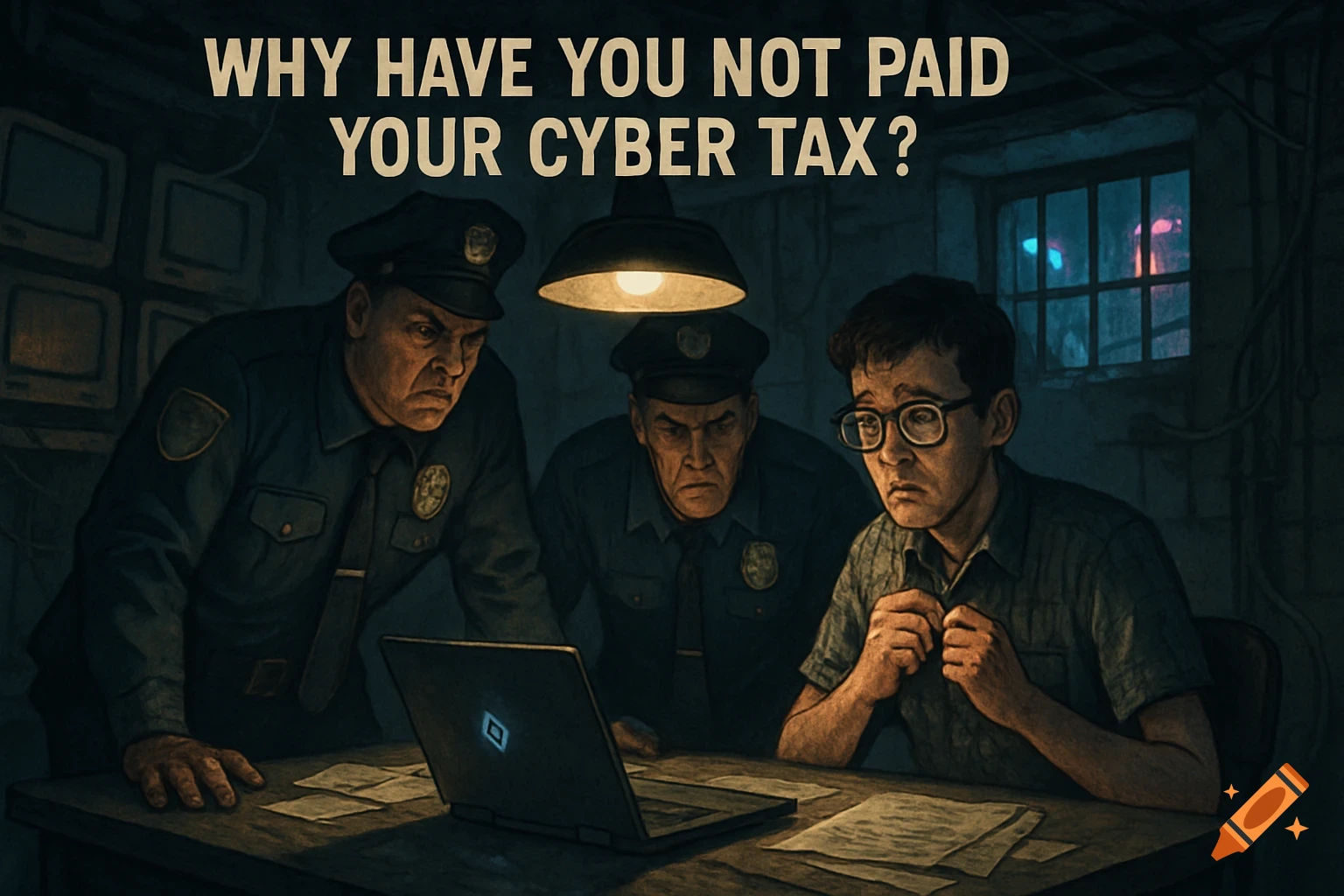 Two stern police officers interrogate a nervous man in glasses over a laptop, with text 'WHY HAVE YOU NOT PAID YOUR CYBER TAX?'