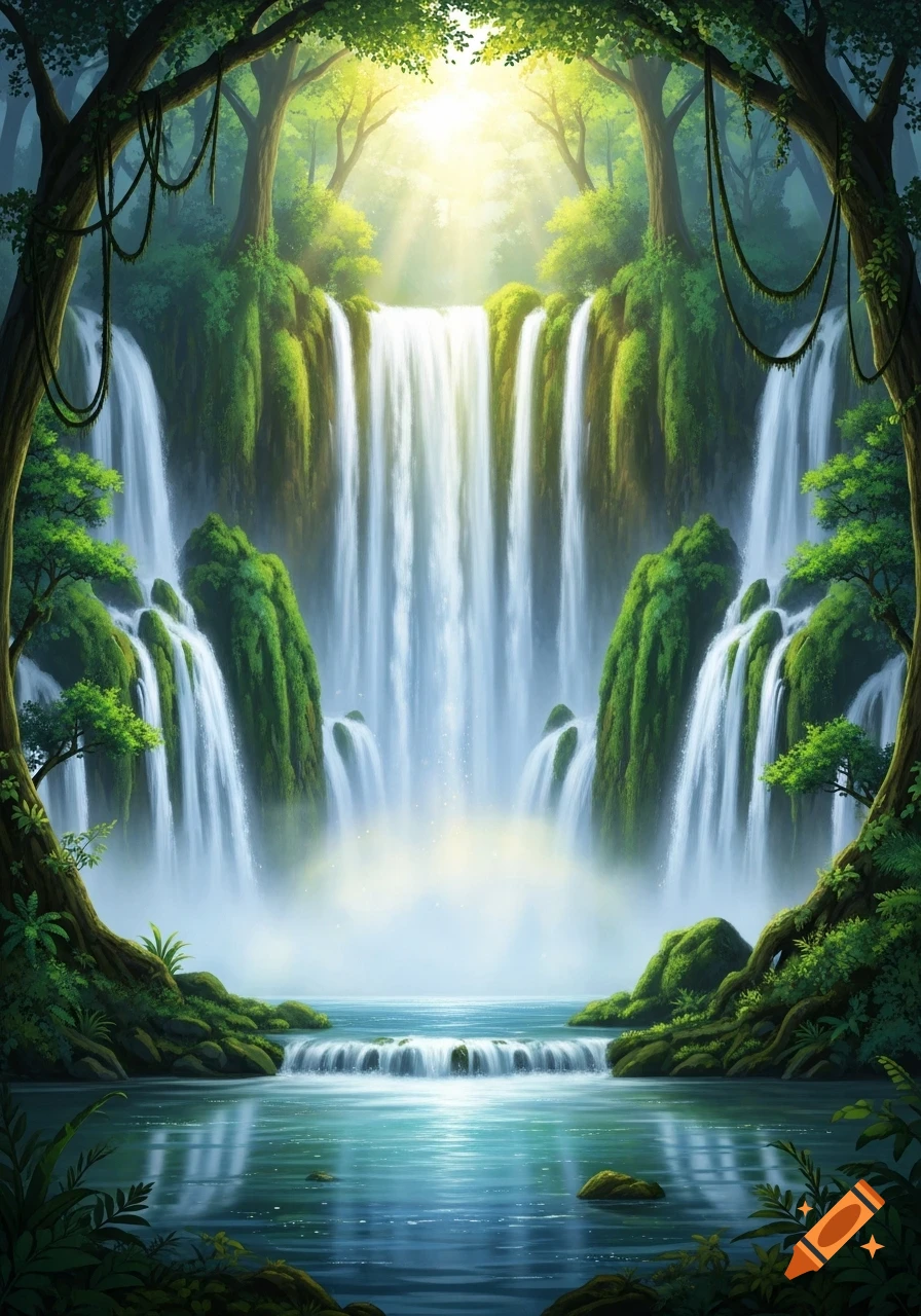 Lush green forest with multiple waterfalls cascading into a calm pool, bathed in sunlight filtering through the trees.
