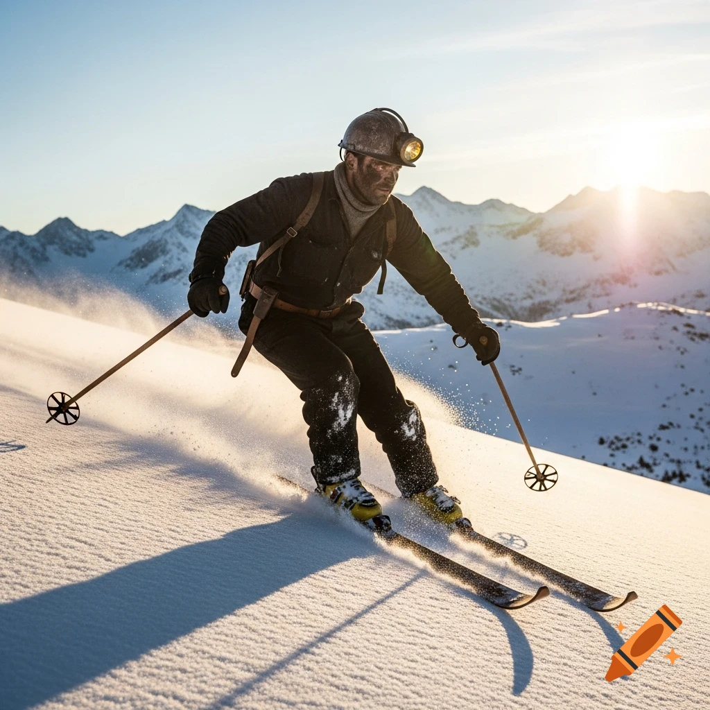 A man in coal miner attire with a headlamp skis down a snowy mountain slope, kicking up powder under a bright sunset.