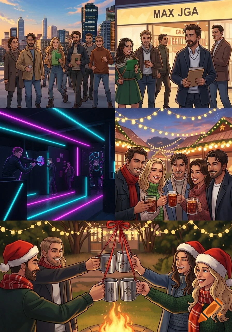 Four scenes depicting friends celebrating: walking in a city, playing laser tag, drinking mulled wine at a Christmas market, and toasting around a campfire.