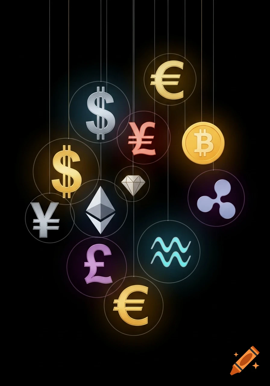 Metallic currency and cryptocurrency symbols (dollar, euro, yen, pound, bitcoin, ethereum, ripple) glow on a black background.