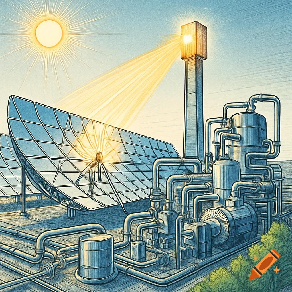 Sketch of a solar thermal power plant with parabolic reflectors, a central tower, and intricate piping under a sunny sky.
