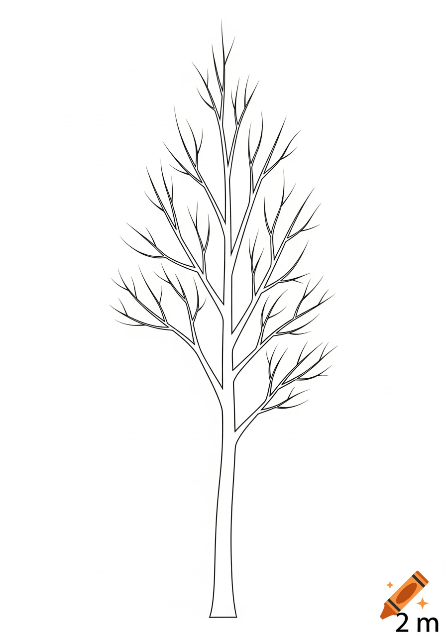 Minimalist black and white line drawing of a tall, narrow tree with bare branches. Text '2 m' in the corner.