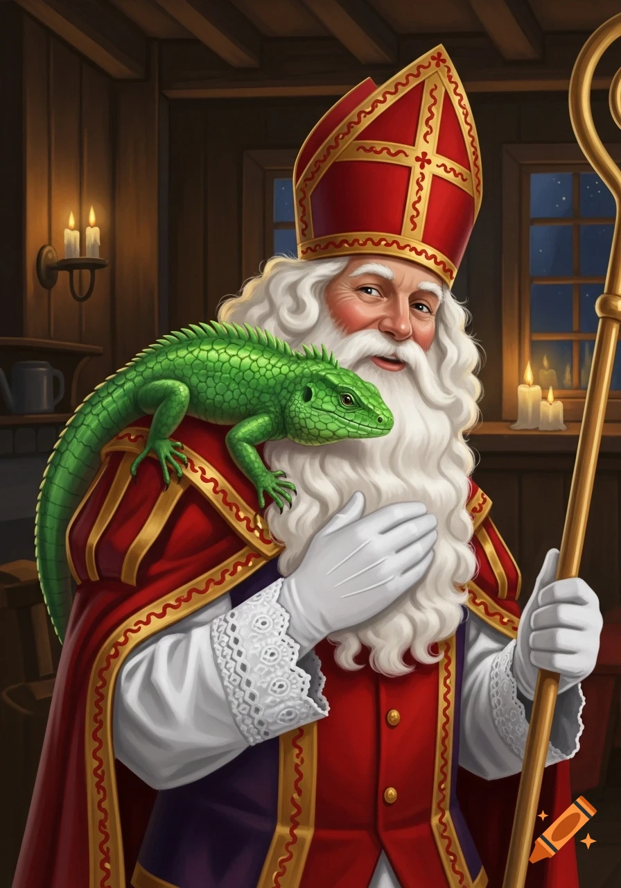 Illustrative portrait of Sinterklaas in red robes and mitre, smiling with a green iguana on his shoulder, holding a staff.