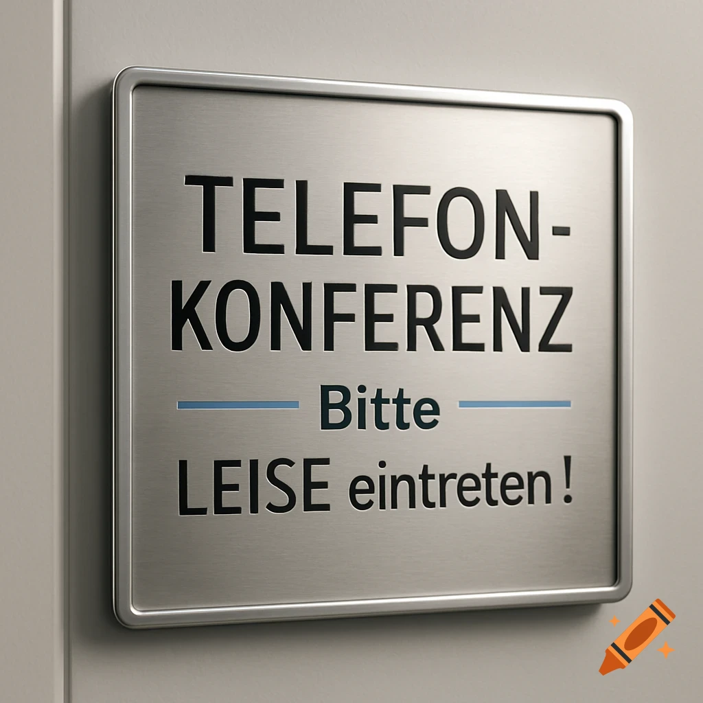 A photorealistic close-up of a silver door sign with the German text "TELEFONKONFERENZ - Bitte LEISE eintreten!" in black.