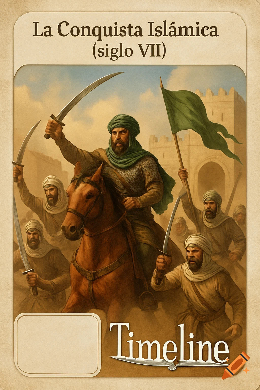 Illustration of Arab warriors led by a man on horseback with a sword and flag, advancing past a fortified city. Text: 'La Conquista Islámica (siglo VII)' and 'Timeline'.