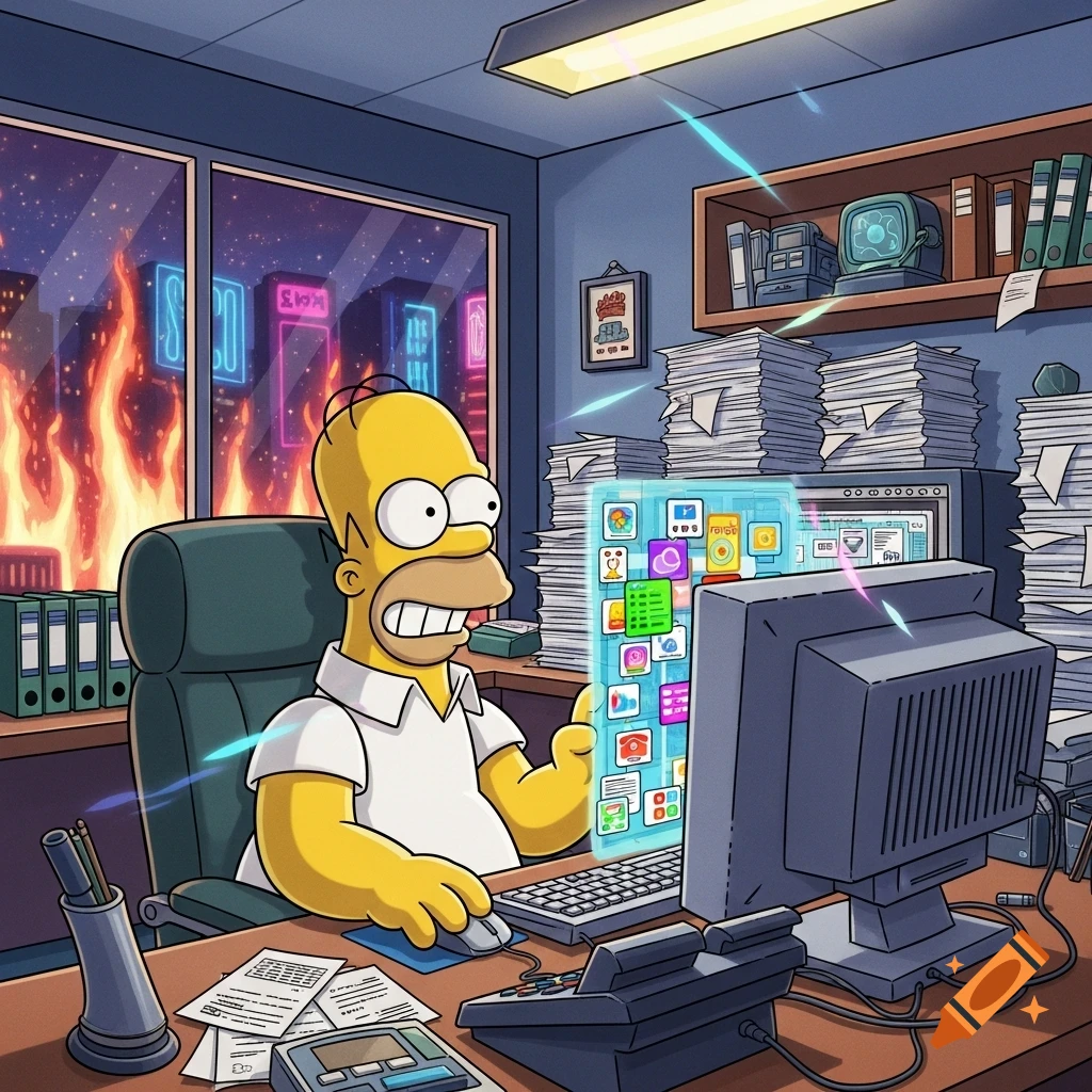 Homer Simpson sits at a computer in an office, looking at a holographic screen with various app icons. A city is on fire outside the window.