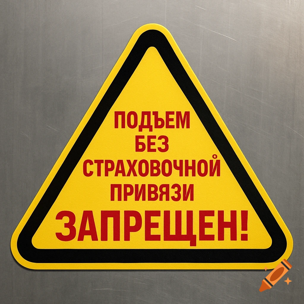 A yellow triangular warning sign with a black border and red Russian text against a brushed metal background.