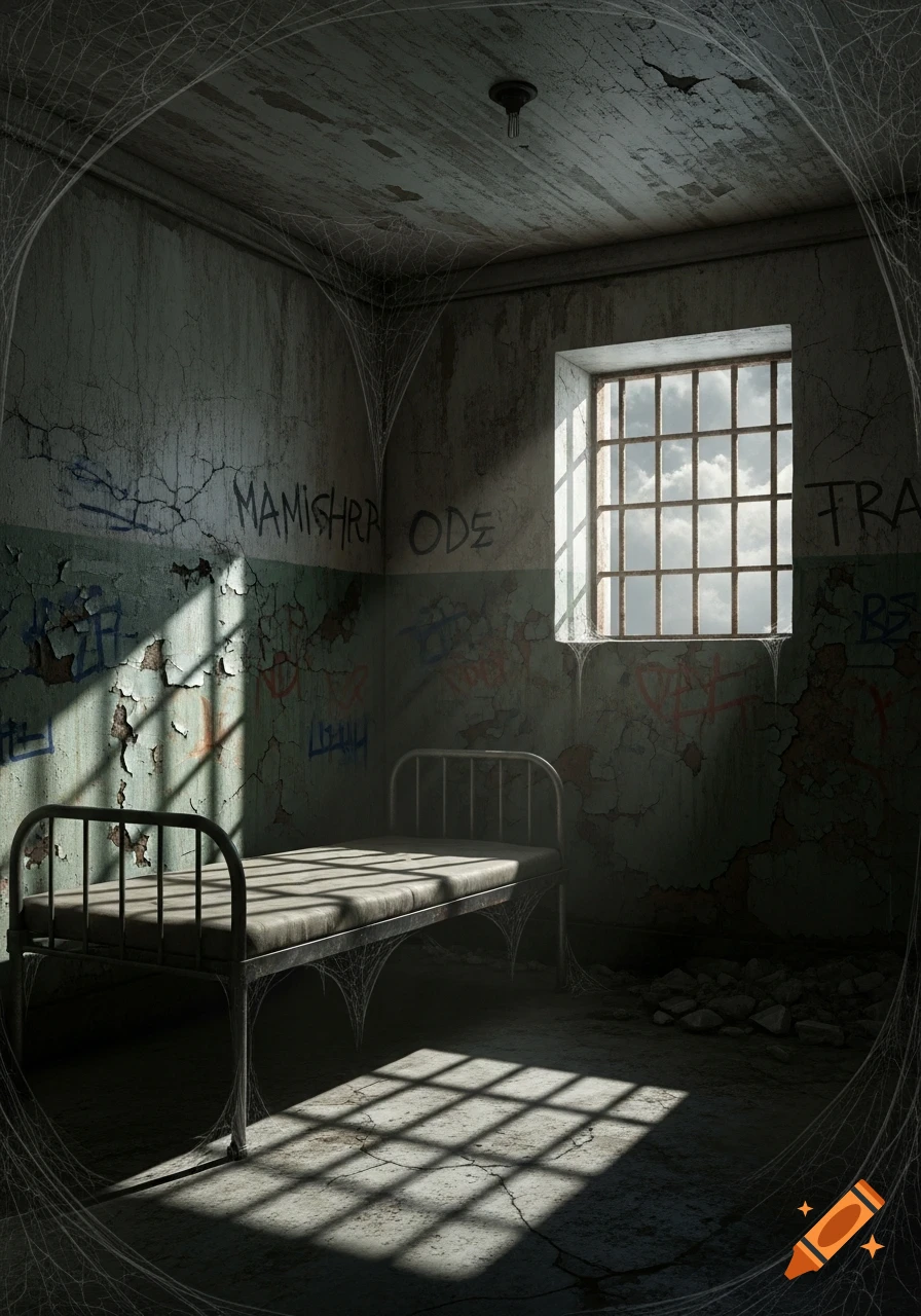 An eerie abandoned prison cell with a metal bed and barred window, sunlight casting shadows on the graffiti-covered walls.