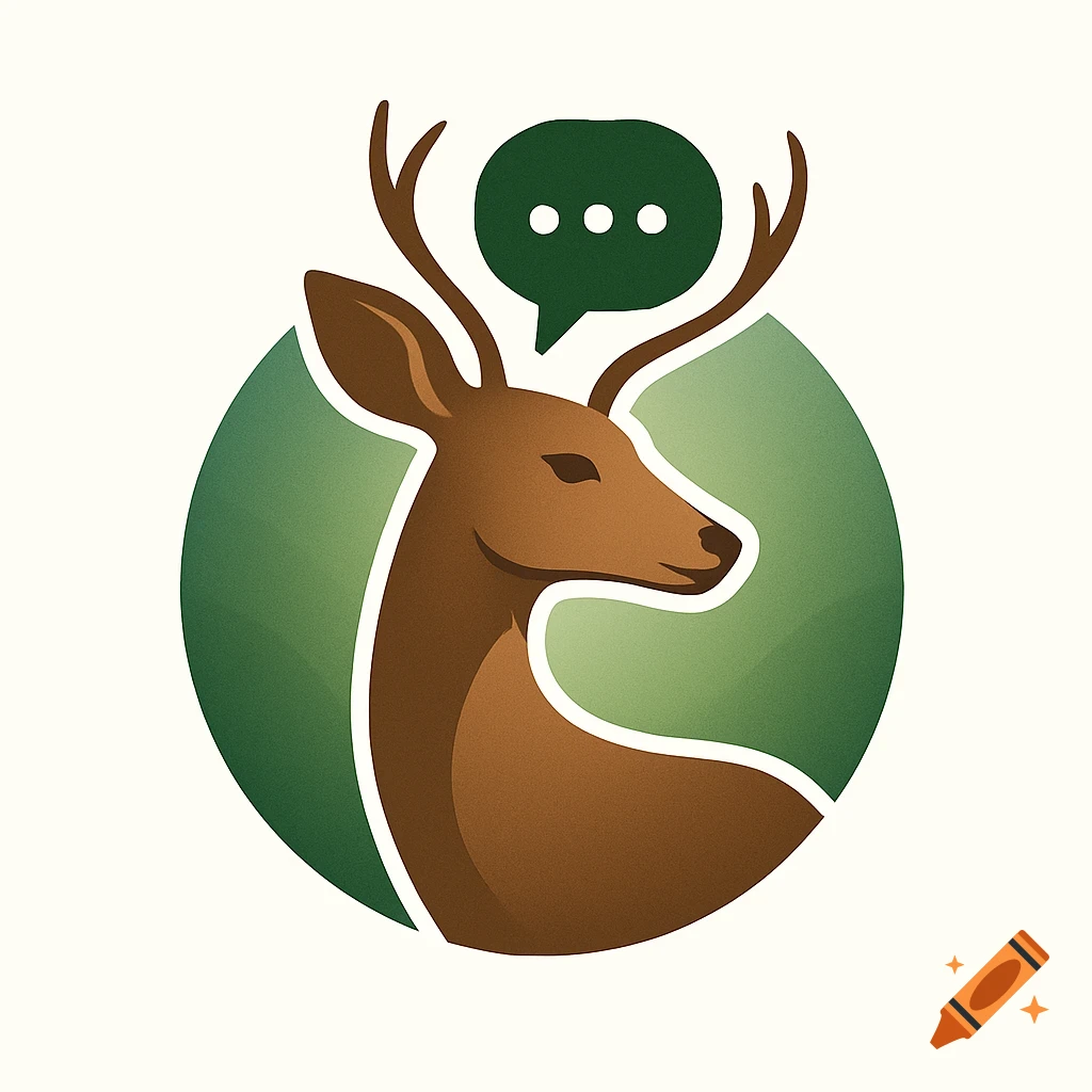 Minimalist logo of a brown deer head with small antlers and a speech bubble with three dots, set against a green circle.