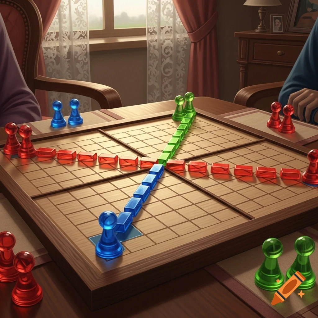 A close-up view of a colorful board game, resembling Ludo, being played on a wooden table, with players' hands visible.