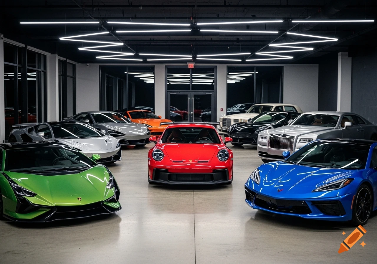 A red Porsche 911 GT3 RS, green Lamborghini, blue Corvette, and other luxury cars in a sleek modern showroom.