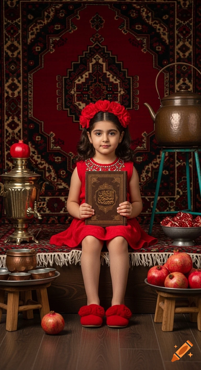 A young girl in a red dress and flower crown sits amidst traditional Iranian decor, holding a book, with a samovar and pomegranates nearby.