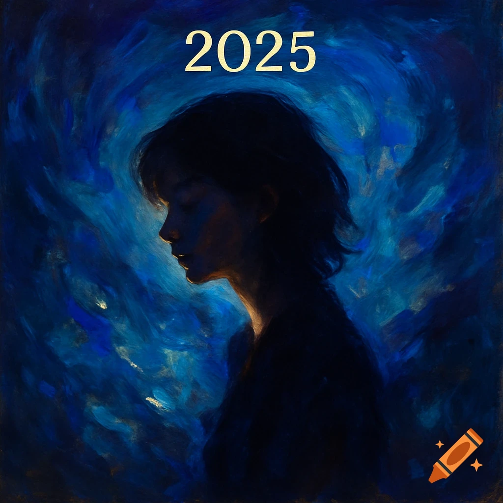 Impressionistic portrait of a person's silhouette against a swirling blue background, with '2025' at the top, styled as an album cover.