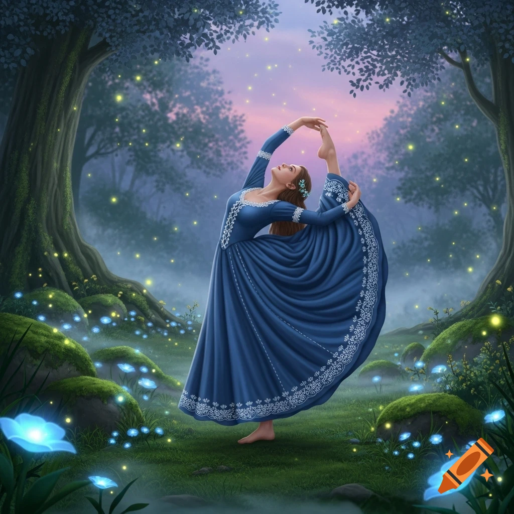 A woman in a blue dress striking a graceful pose in a magical forest with glowing blue flowers and fireflies.