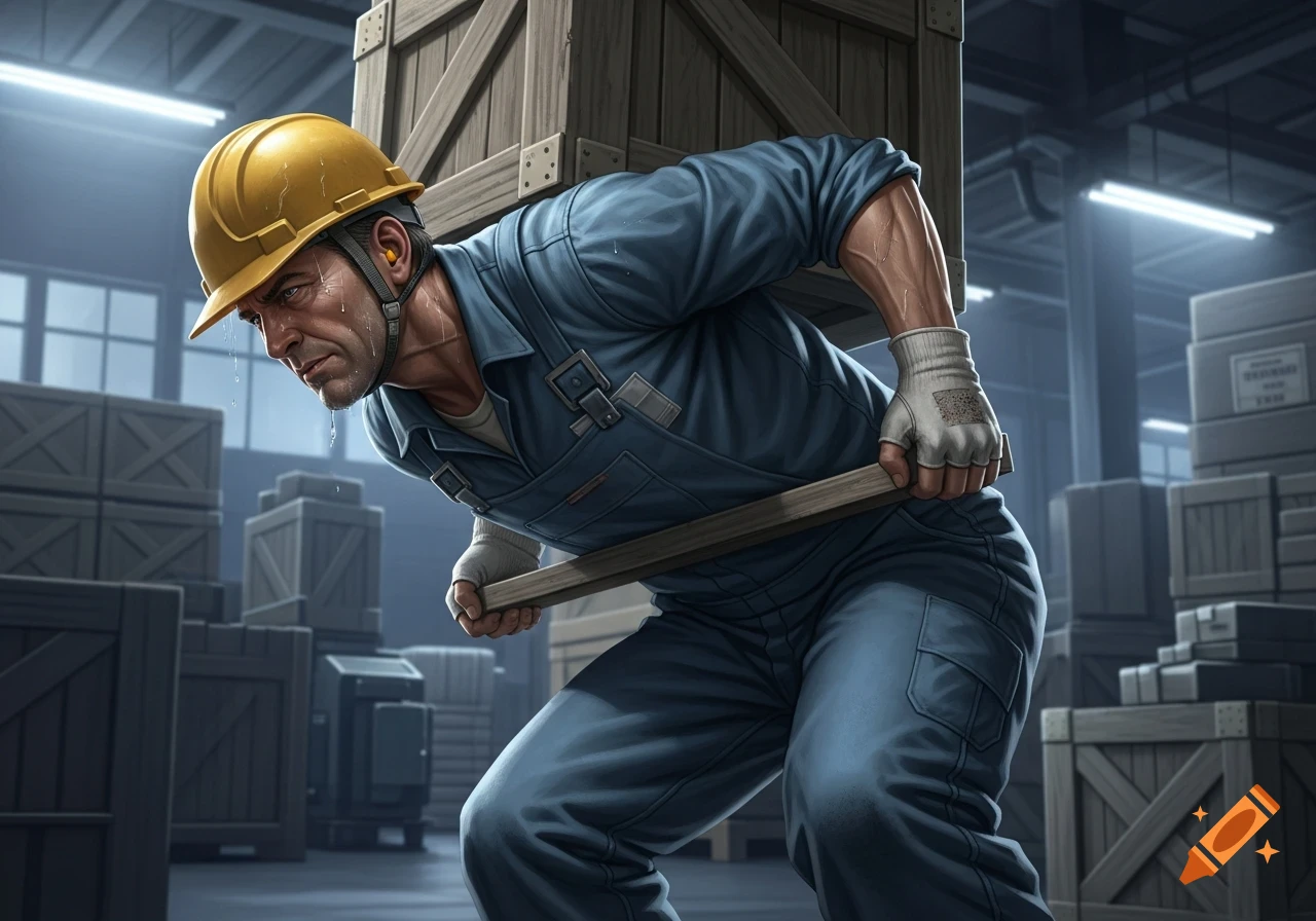 Sweating worker in a hard hat and blue overalls lifts a heavy wooden crate in a dimly lit warehouse. Stylized art.