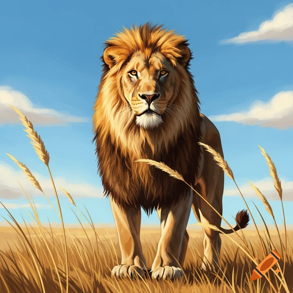 A majestic male lion stands in a golden grassy savanna under a blue sky, looking directly forward in a painterly style.