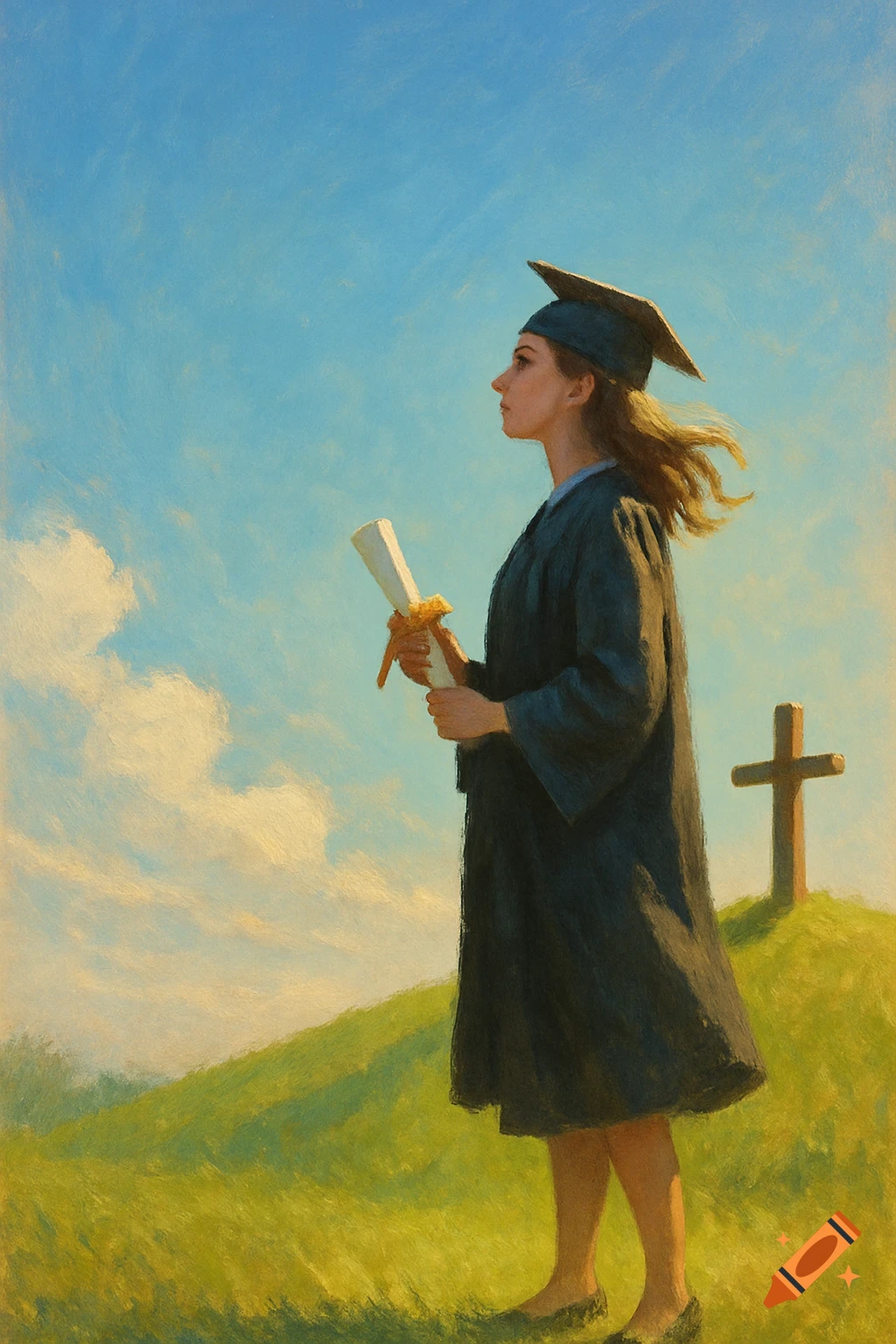 A young woman in a graduation cap and gown stands on a grassy hill, holding a diploma. A wooden cross is in the background under a blue sky. Painterly.