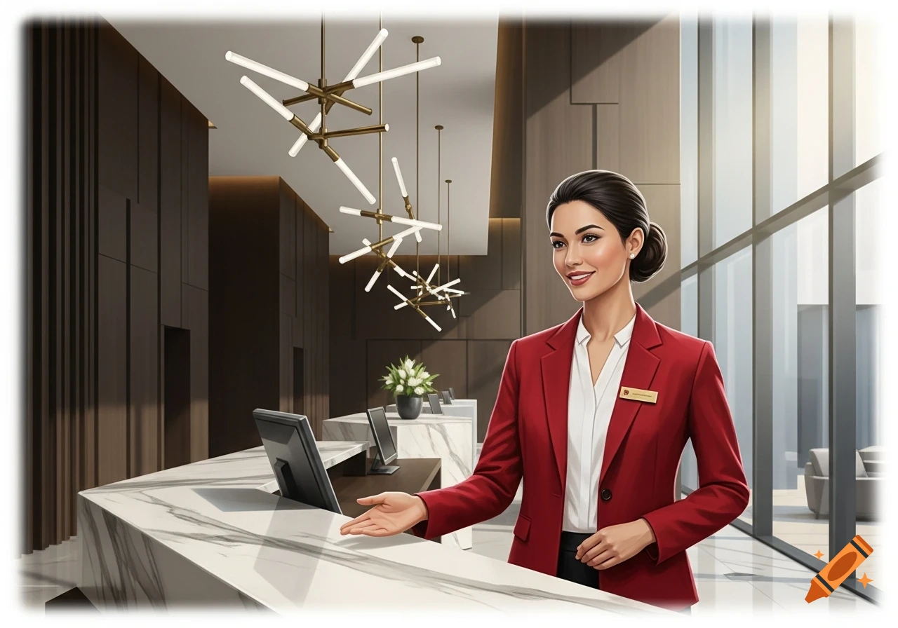 A digital illustration of a woman in a red blazer behind a modern marble front desk in a hotel lobby, gesturing with an open hand.