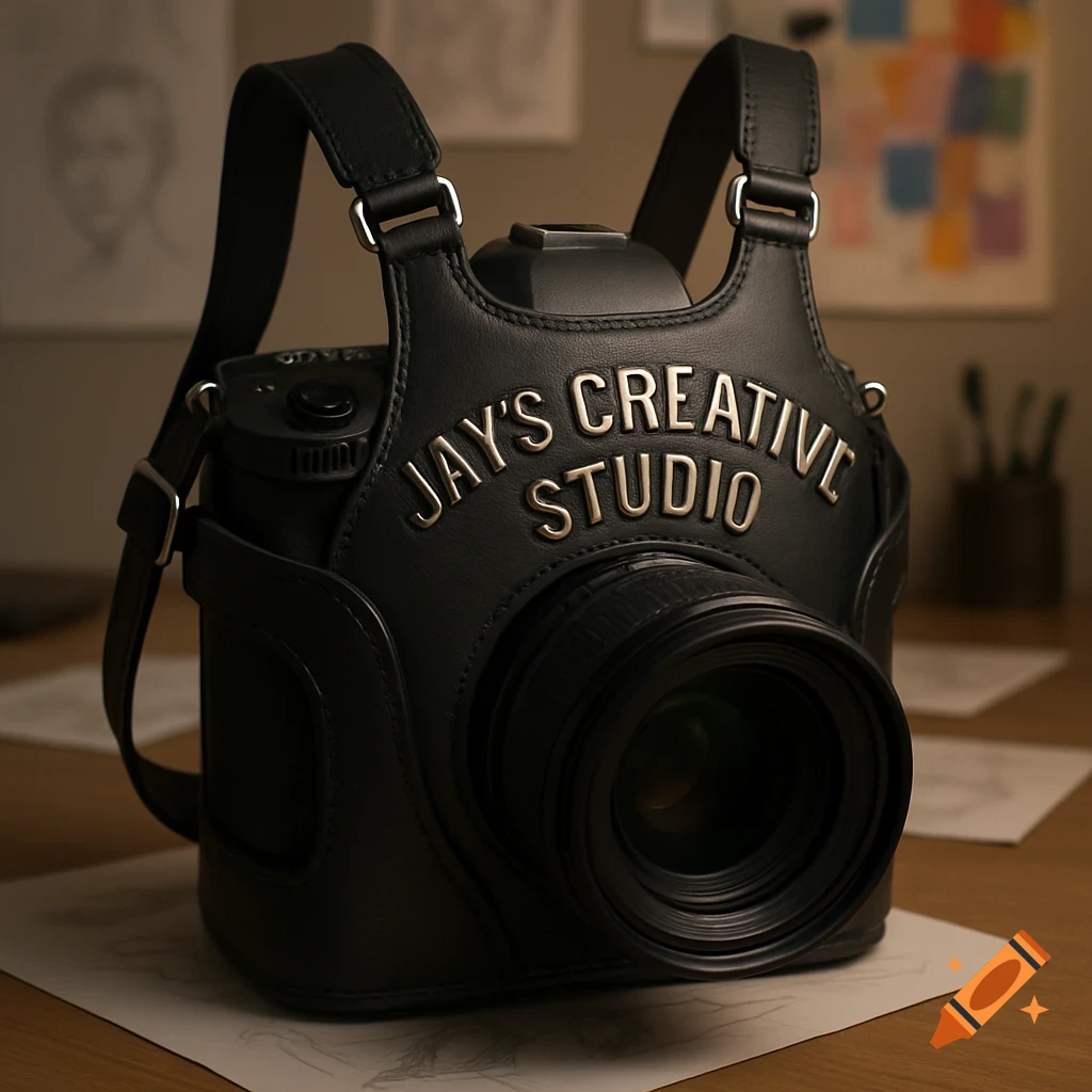 A black camera in a custom leather case with 'JAY'S CREATIVE STUDIO' embossed on it, sitting on a desk.