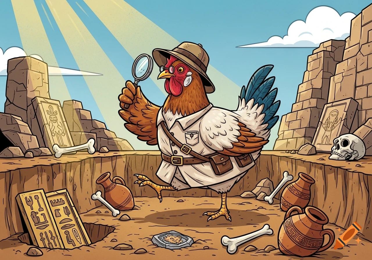 A cartoon chicken archaeologist wearing a safari hat and outfit, holding a magnifying glass, standing in an excavated desert site with ancient ruins, bones, and pottery.
