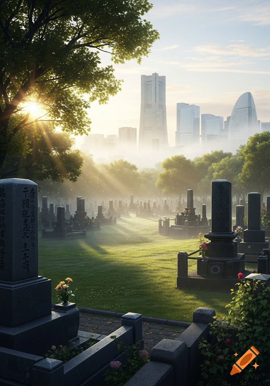 A sunlit cemetery with rows of tall gravestones, mist rising from the grassy ground, and a modern city skyline in the foggy background.