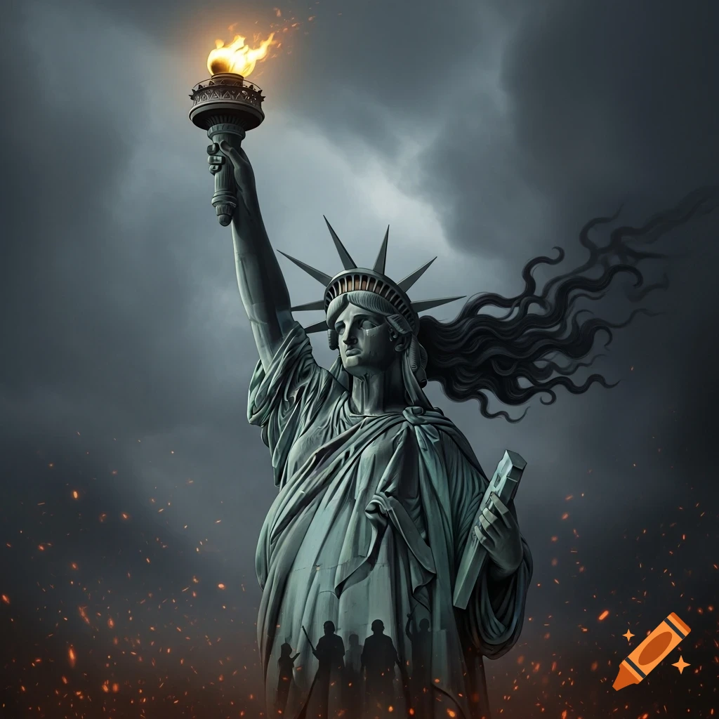 A dramatic, stylized depiction of the Statue of Liberty with long, flowing dark hair and a tear on her cheek, holding a torch aloft under a stormy, fiery sky, with silhouetted figures below.